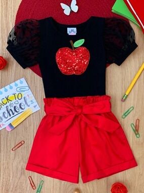 Mia Belle Girls Black Red Apple Sequin Top Shorts Set 2T